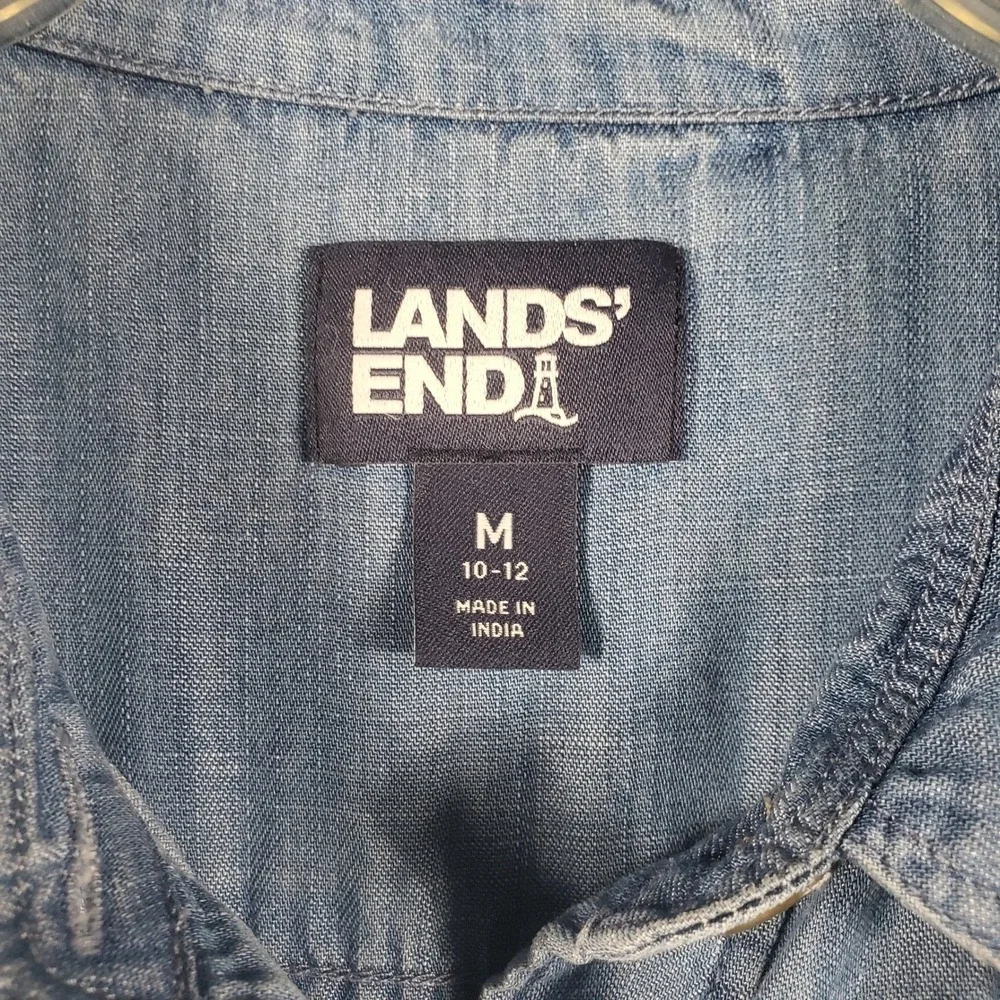 Lands' End Women M Chambray Shirt Dress Blue Denim Short Sleeve Button‎ Front - Picture 3 of 8